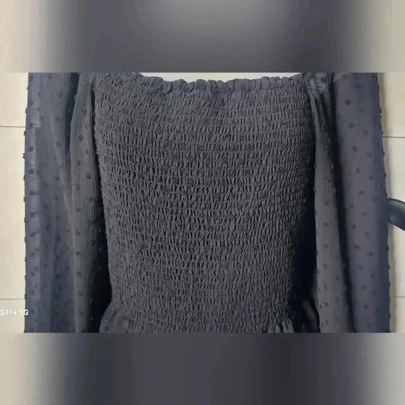 Lush Smocked Top Sheer Polkadot Puff Sleeve black womens sz Med. Crop Ruffle hem - Picture 3 of 9